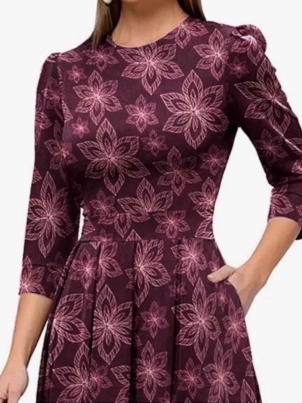 Amazon Women's Burgundy Floral Midi Dress with Pink Pattern